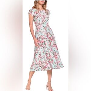 LBISSE Cheery Blossom Cap Sleeve Midi Dress